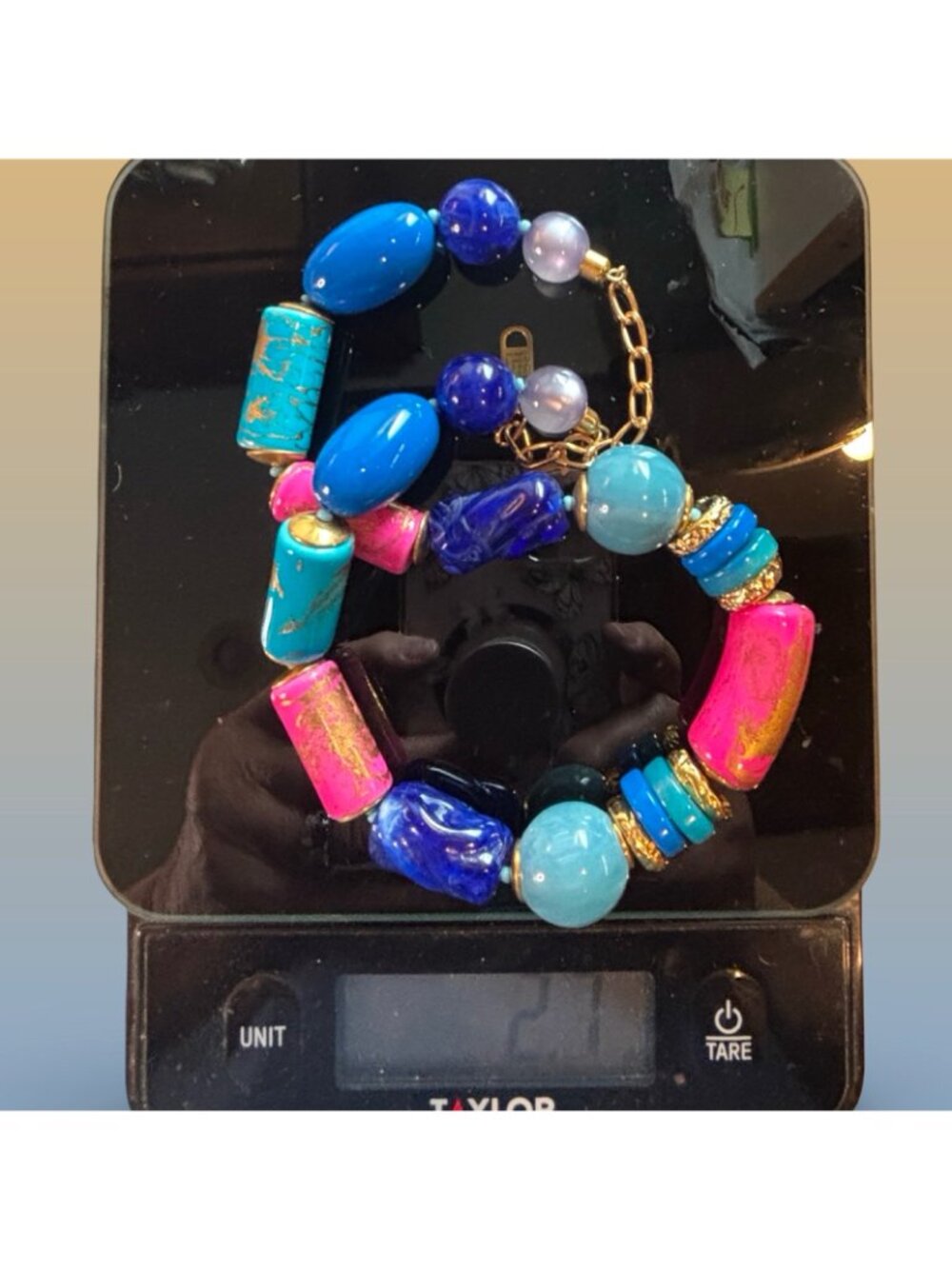 Hand-Painted Chunky Colorful Vibrant Beaded Necklace Vibrant Gold Accents - Picture 7 of 8